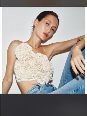 Zara Cream One-Shoulder Floral Appliqué Crop Top